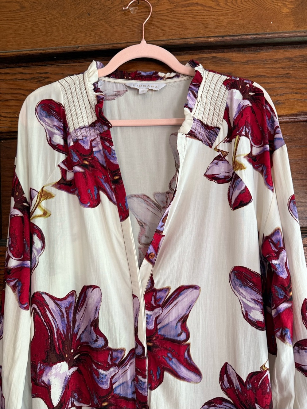 ZINGARA Floral Tropical Tunic Dress Long Sleeve Waist Tie Button Down Resortwear - Picture 3 of 8